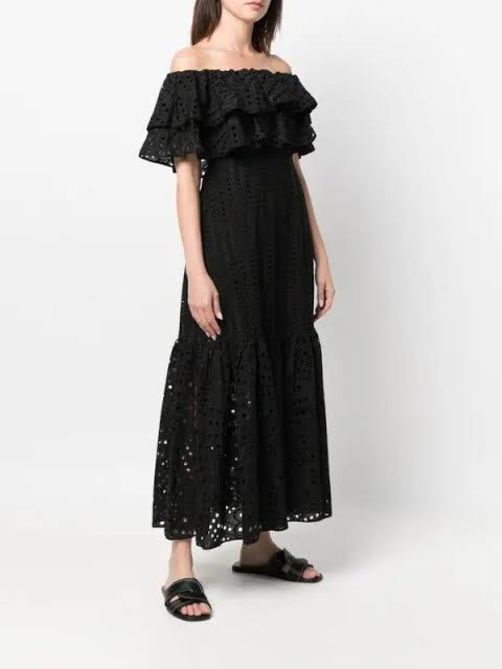 Charo Ruiz Black Off-Shoulder Eyelet Maxi Skirt